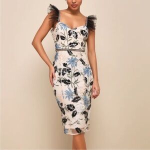 Lulu's Cream Midi Dress with Blue and Black Floral Embroidery